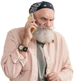 angry old man with beard talking on phone